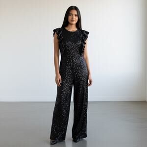 CB Girls Youth Teen Black Ruffle Sleeves Full Sequins Wide Leg Jumpsuit Size 14